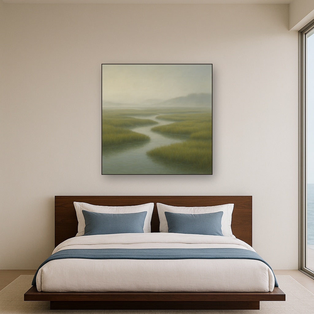Morning Fog over Cape Cod Tidal Marsh No. 2 Oil Painting Staged Above Master Bed in Bedroom, Calming Neutral Hand Painted Oil Art