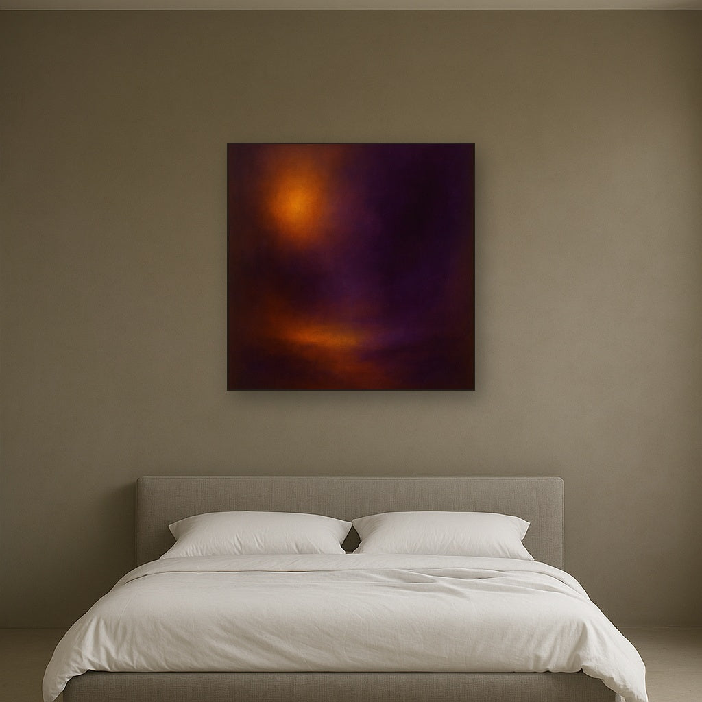 Burnt Amber & Velvet Amethyst Atmosphere No. 15 Oil Painting Staged Above Master Bed in Bedroom, Calming Neutral Hand Painted Oil Art