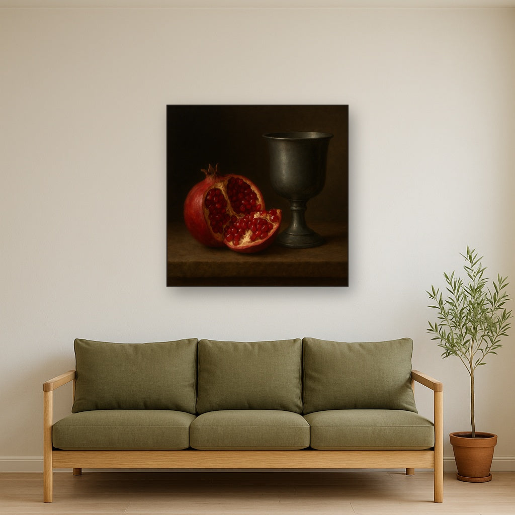 Pomegranate & Vintage Pewter Goblet No. 6 Oil Painting - View 3