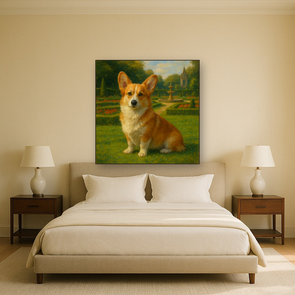 Pembroke Welsh Corgi in Royal English Garden Fine Art Oil Painting - View 3