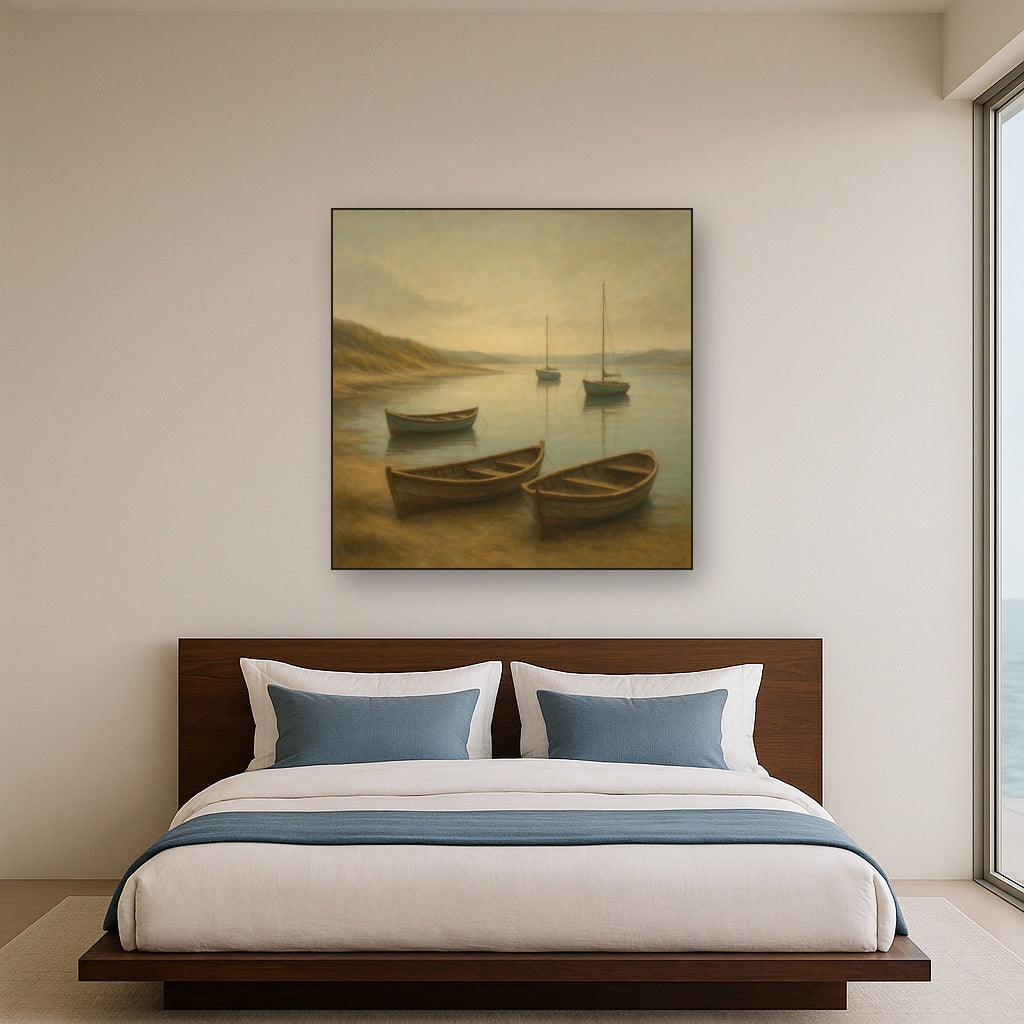 Quiet Fishing Harbor at Morning Low Tide No. 15 Oil Painting - View 3