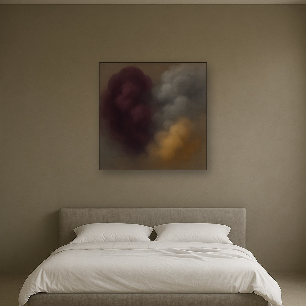 Gilded Plum & Soft Smoke Cloud Harmony No. 8 Oil Painting Staged Above Master Bed in Bedroom, Calming Neutral Hand Painted Oil Art