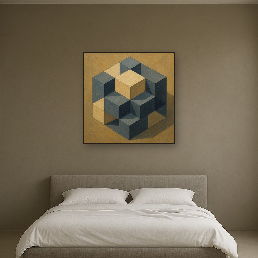 Isometric Modernist Cube Abstraction No. 6 Oil Painting - Styled in Master Bedroom