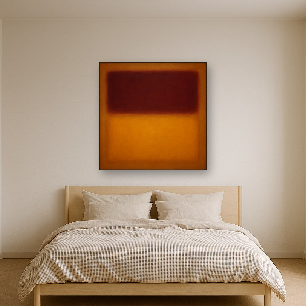Crimson Burgundy & Saffron Gold Color Vibrations No. 3 Oil Painting Staged Above Master Bed in Bedroom, Calming Neutral Hand Painted Oil Art
