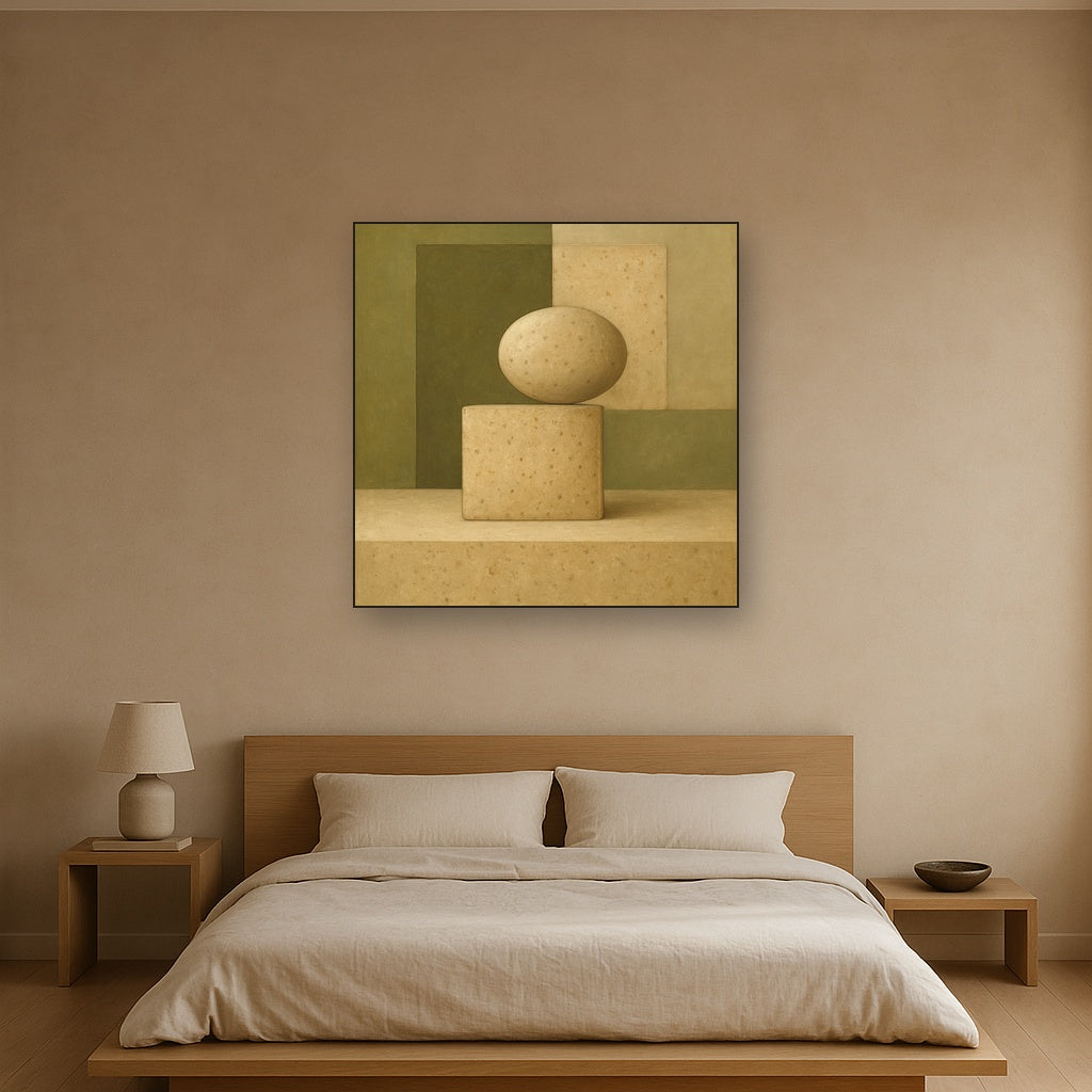Muted Olive & Sandstone Geometric Balance No. 17 Oil Painting Staged Above Master Bed in Bedroom, Calming Neutral Hand Painted Oil Art
