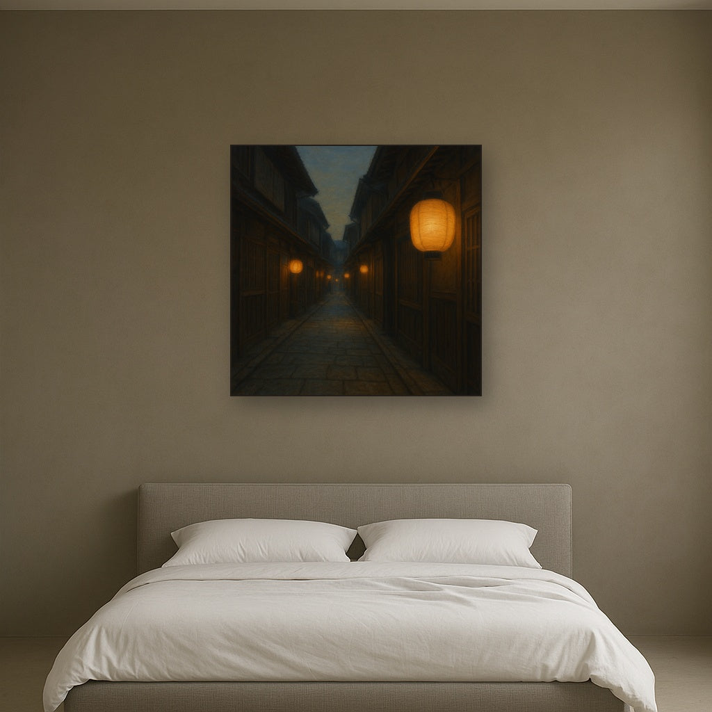 Old Kyoto Gion Alley in Soft Lantern Light No. 3 Oil Painting Staged Above Master Bed in Bedroom, Calming Neutral Hand Painted Oil Art