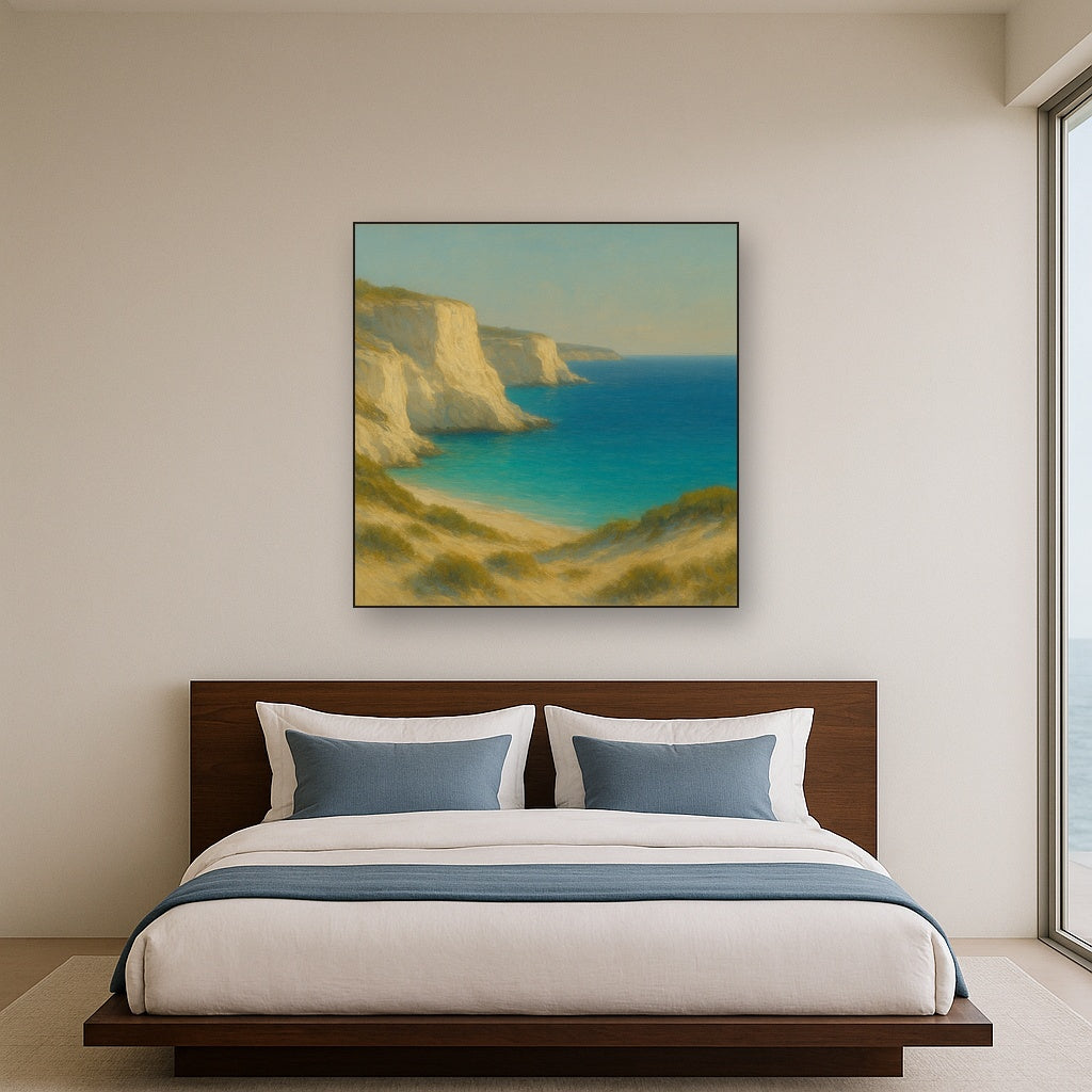 Mediterranean White Cliffs & Turquoise Cove No. 3 Oil Painting Staged Above Master Bed in Bedroom, Calming Neutral Hand Painted Oil Art