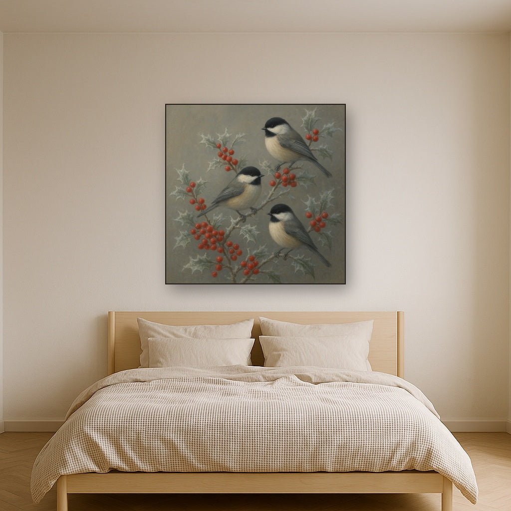 Winter Birds on Frosty Red Berry Branch No. 2 Oil Painting - View 3