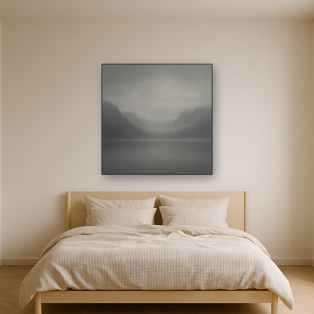 Misty Fjord Horizon in Monochromatic Slate No. 12 Oil Painting Staged Above Master Bed in Bedroom, Calming Neutral Hand Painted Oil Art