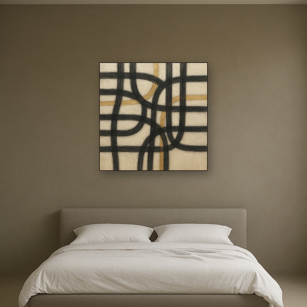 Abstract Woven Line Matrix in Charcoal & Gold Fine Art Oil Painting - View 3