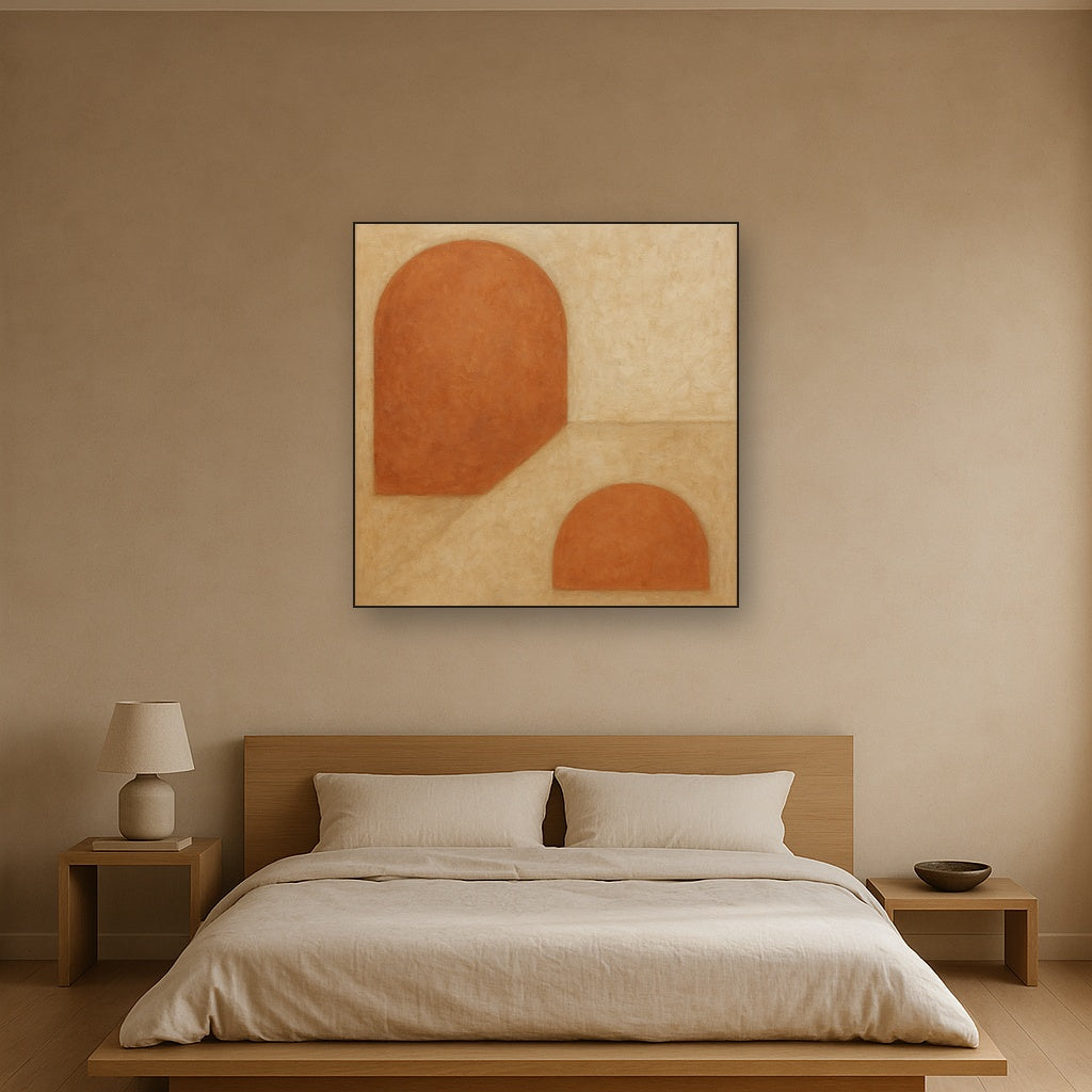 Earthy Terracotta & Weathered Plaster Wash No. 5 Oil Painting Staged Above Master Bed in Bedroom, Calming Neutral Hand Painted Oil Art