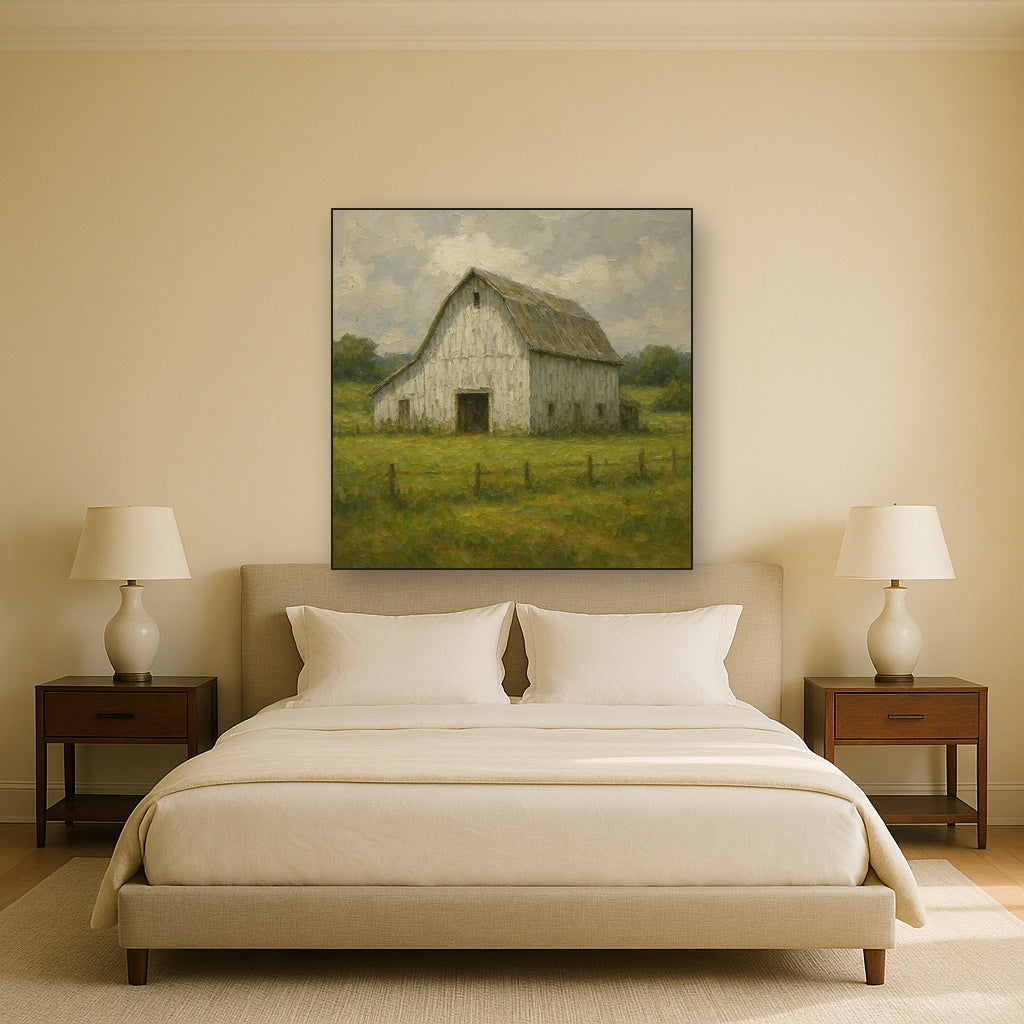 Weathered White Barn & Pasture No. 4 Oil Painting - Styled in Master Bedroom