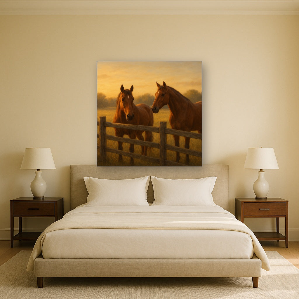 Two Horses at Rustic Post & Rail Fence No. 8 Oil Painting - View 3