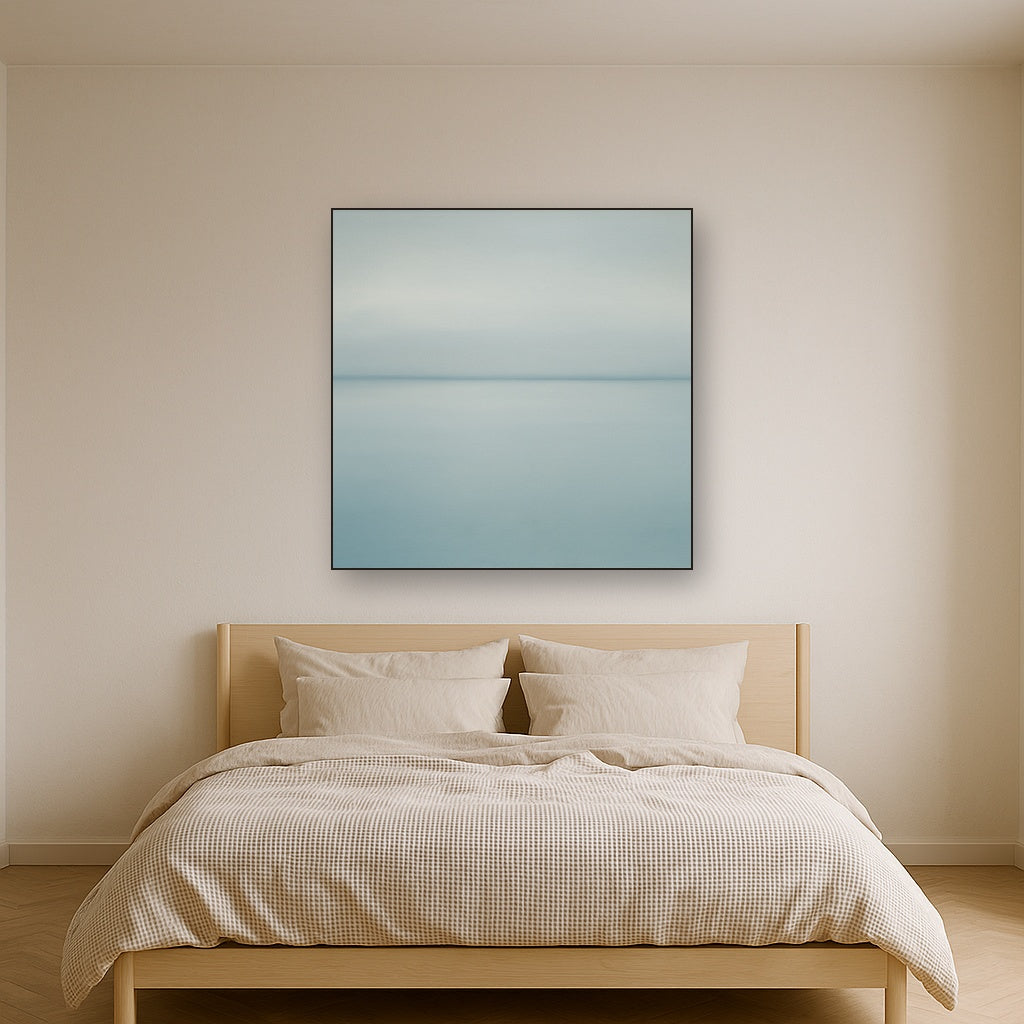 Glass Horizon over Quiet Arctic Waters No. 24 Oil Painting Staged Above Master Bed in Bedroom, Calming Neutral Hand Painted Oil Art