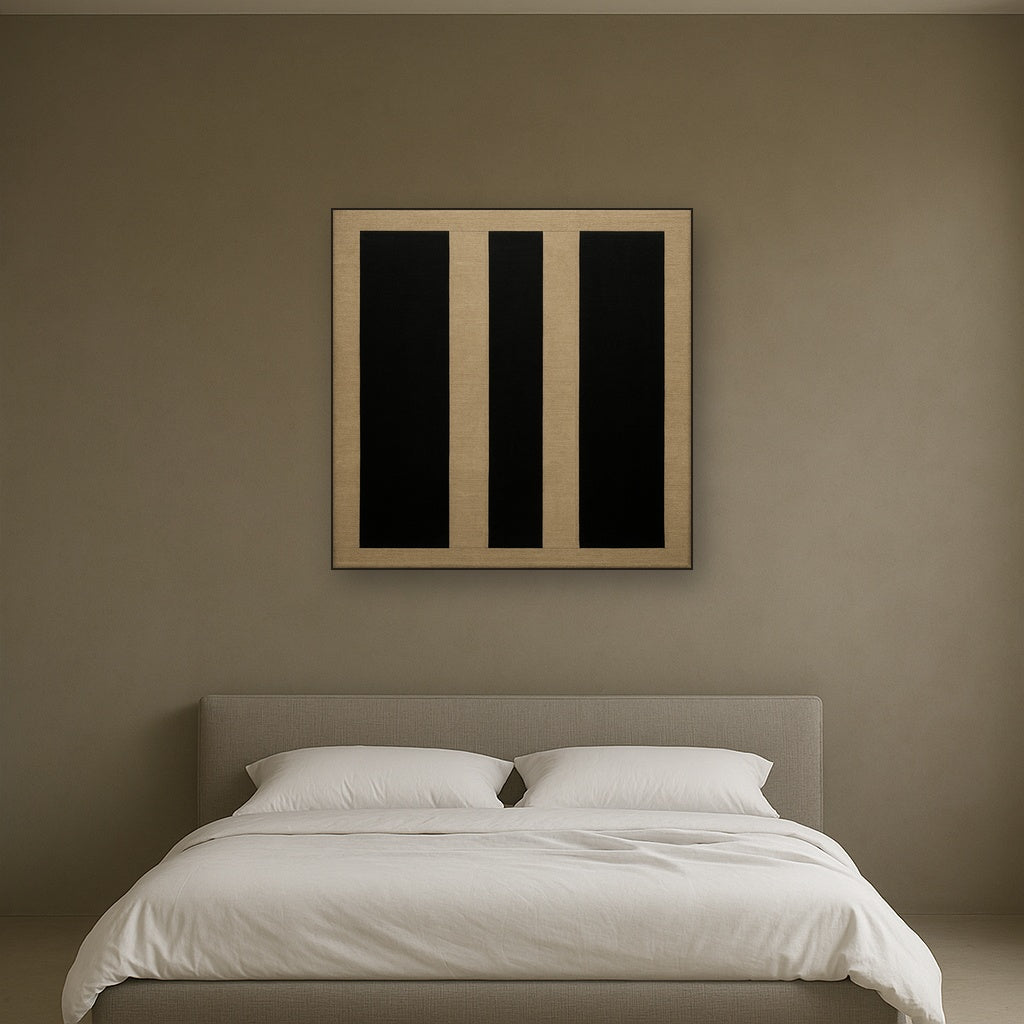 Minimalist Black Stripe & Raw Linen Rhythm No. 12 Fine Art Oil Painting - View 3