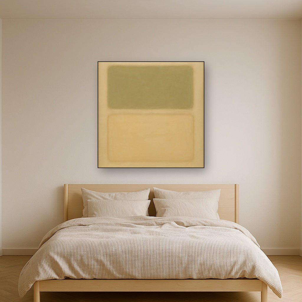 Sage Olive & Pale Sandstone Minimalist Harmony No. 16 Oil Painting Staged Above Master Bed in Bedroom, Calming Neutral Hand Painted Oil Art
