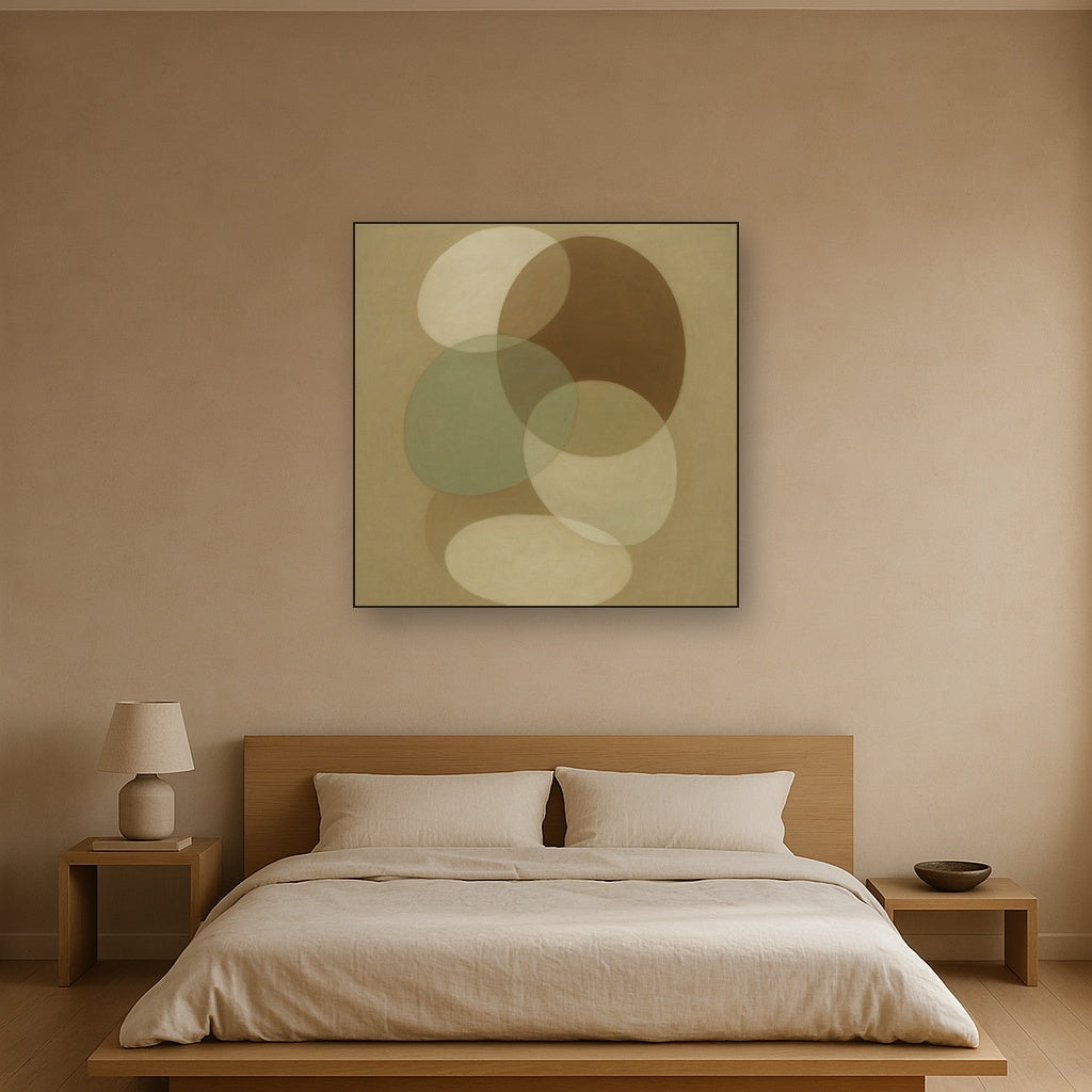 Floating Ellipse Harmony in Walnut & Pale Sage No. 24 Oil Painting Staged Above Master Bed in Bedroom, Calming Neutral Hand Painted Oil Art