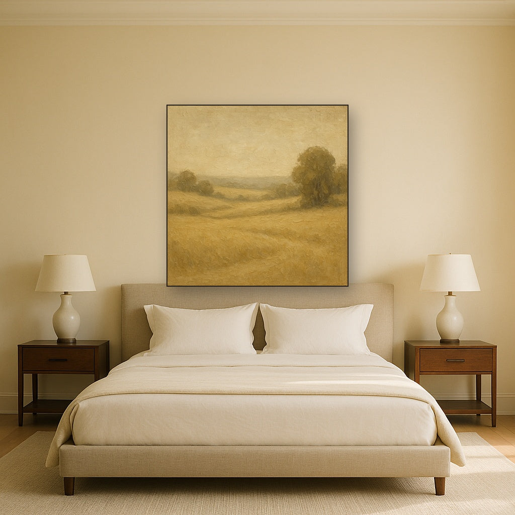 Earthy Linen Plaster Countryside Calm No. 4 Oil Painting - Styled in Master Bedroom