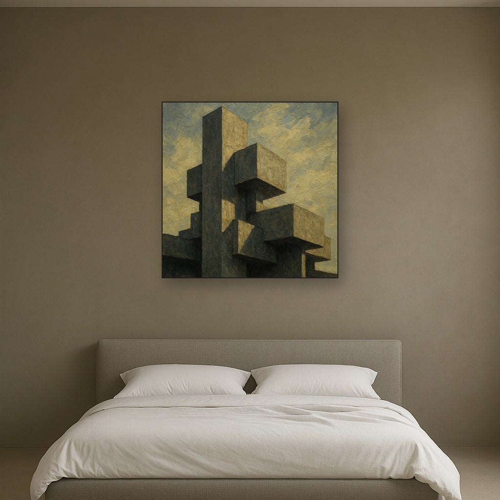 Brutalist Concrete Monolith & Sky No. 6 Oil Painting - Styled in Master Bedroom