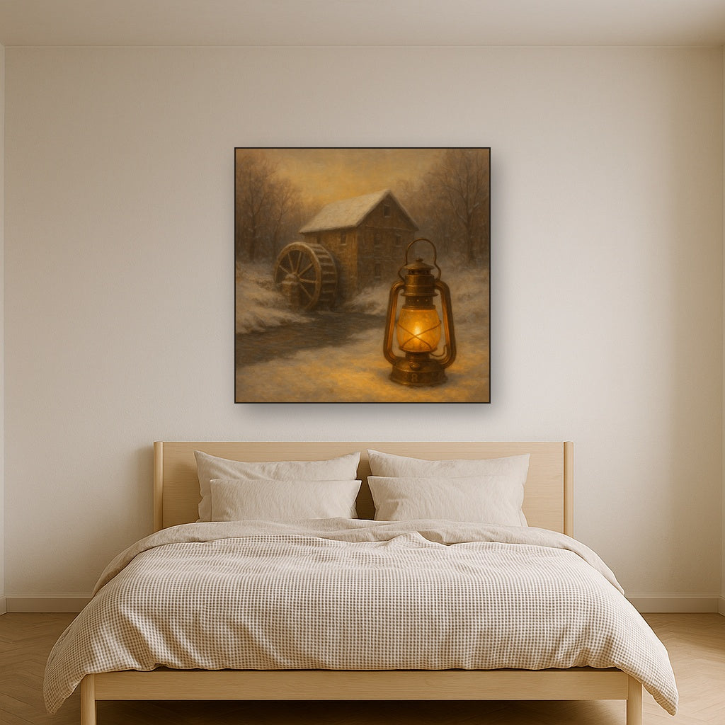 Snowy Mill Stream & Glowing Lantern No. 8 Oil Painting - View 3