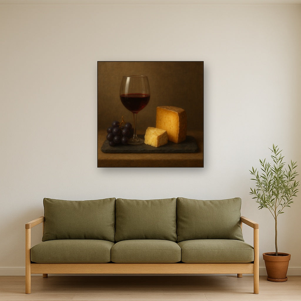 Burgundy Wine Glass & Aged Cheese Board No. 10 Oil Painting - View 3