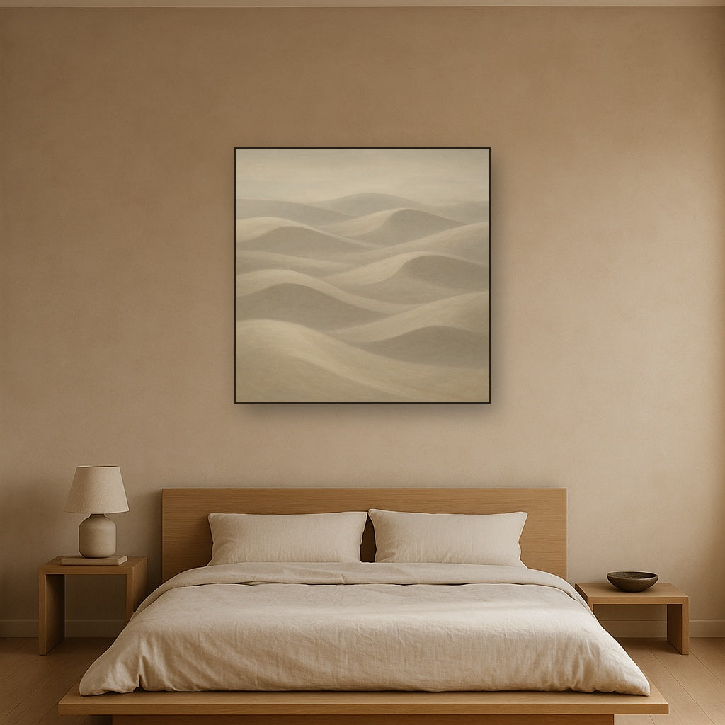 Monochrome Sand Dune Contours & Pale Slate No. 21 Oil Painting Staged Above Master Bed in Bedroom, Calming Neutral Hand Painted Oil Art