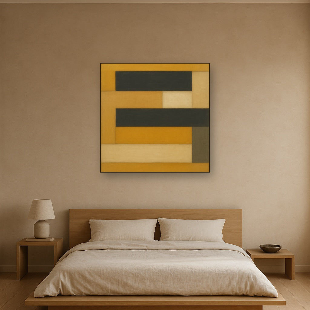 Stacked Horizon Blocks in Mustard & Charcoal No. 23 Oil Painting Staged Above Master Bed in Bedroom, Calming Neutral Hand Painted Oil Art