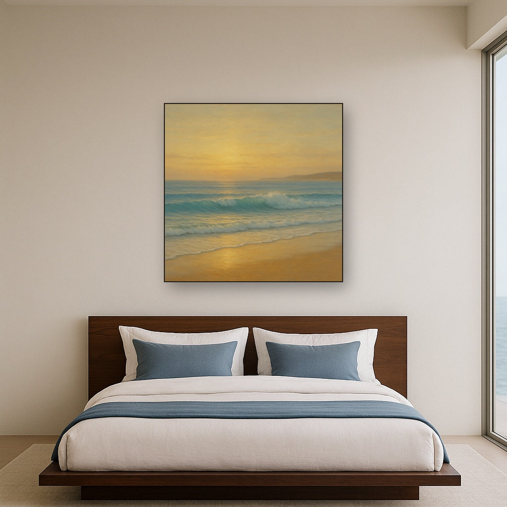 Gentle Breaking Waves & Wet Beach Reflection No. 3 Oil Painting Staged Above Master Bed in Bedroom, Calming Neutral Hand Painted Oil Art