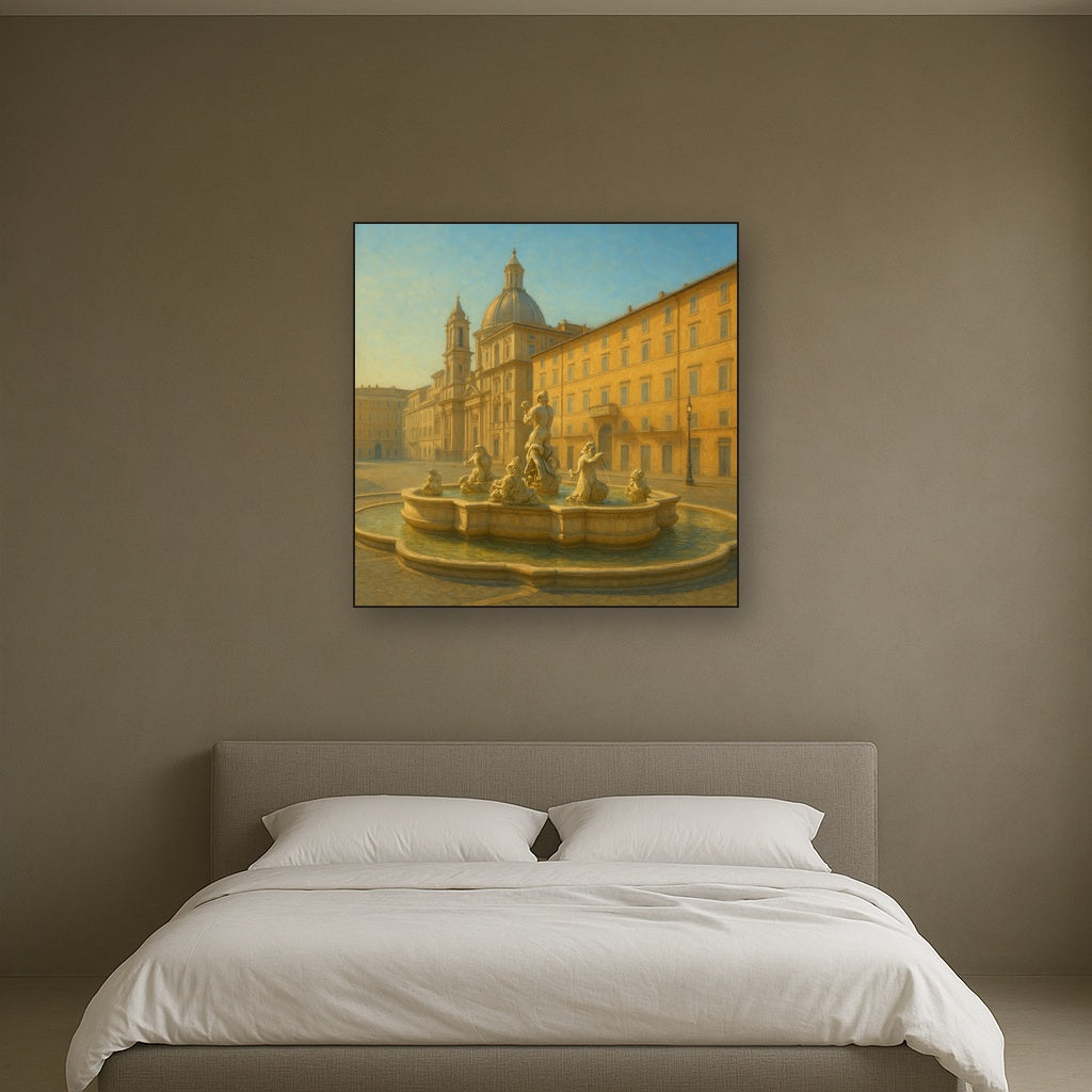 Rome Piazza Fountain in Morning Sunlight No. 29 Oil Painting Staged Above Master Bed in Bedroom, Calming Neutral Hand Painted Oil Art