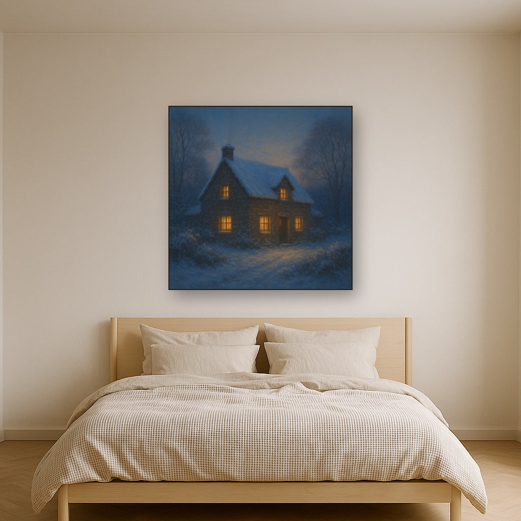 Snow-Dusted Stone Cottage at Twilight No. 10 Oil Painting - View 3