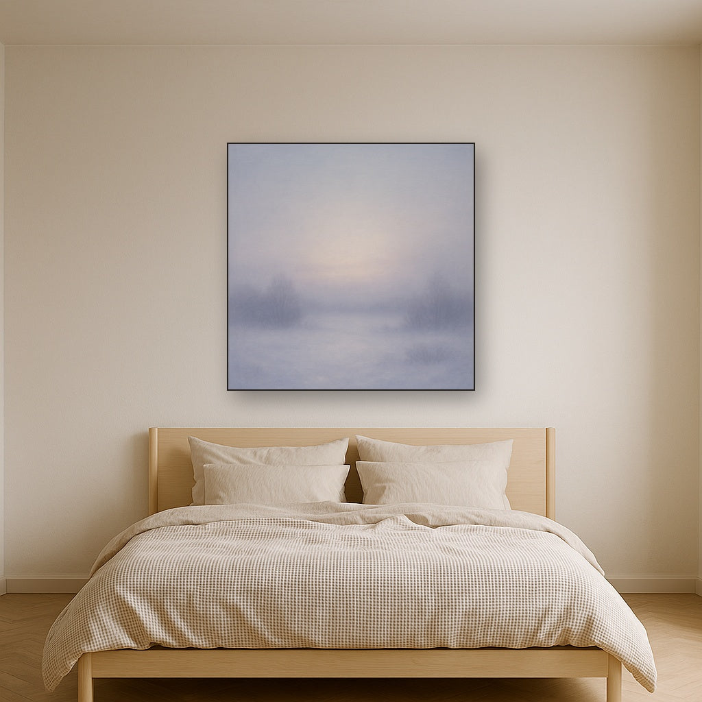 Winter Dawn Frost & Pale Silver Light No. 22 Oil Painting Staged Above Master Bed in Bedroom, Calming Neutral Hand Painted Oil Art