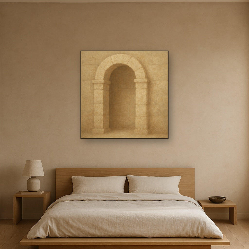 Travertine Stone Arch & Earth Tones No. 20 Oil Painting Staged Above Master Bed in Bedroom, Calming Neutral Hand Painted Oil Art