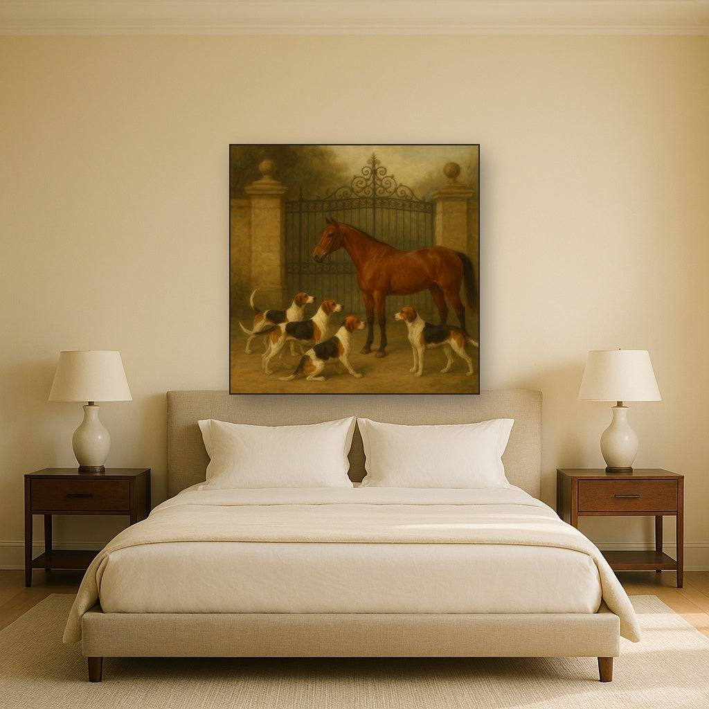Hunting Hounds & Thoroughbred by Estate Gate No. 19 Oil Painting Staged Above Master Bed in Bedroom, Calming Neutral Hand Painted Oil Art