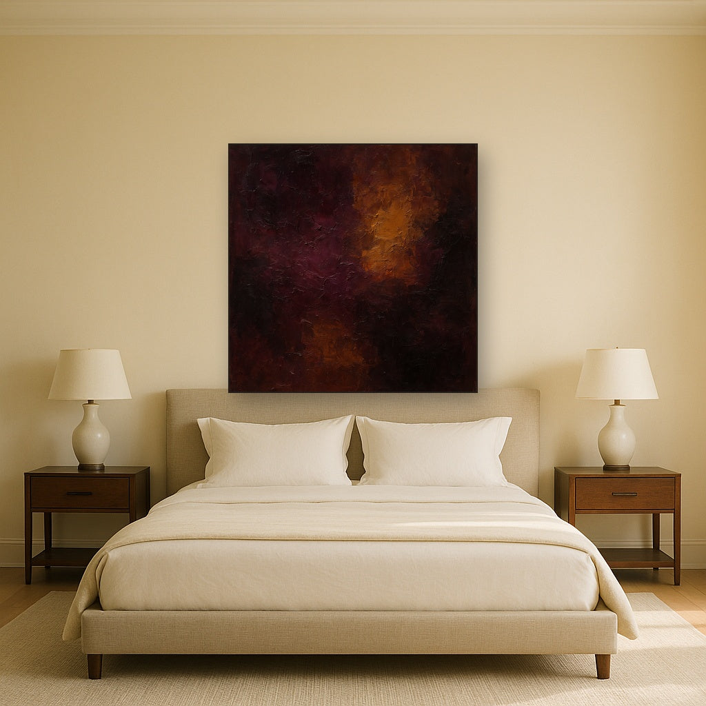Rich Burgundy Plum & Velvet Amber No. 5 Oil Painting - Styled in Master Bedroom