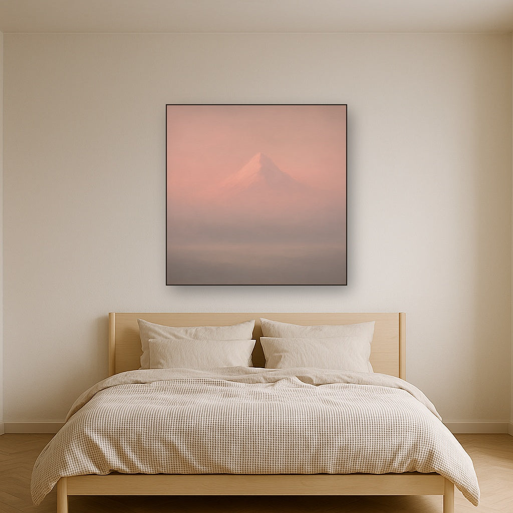 Pale Alpenglow over Distant Glacial Peak No. 16 Oil Painting Staged Above Master Bed in Bedroom, Calming Neutral Hand Painted Oil Art