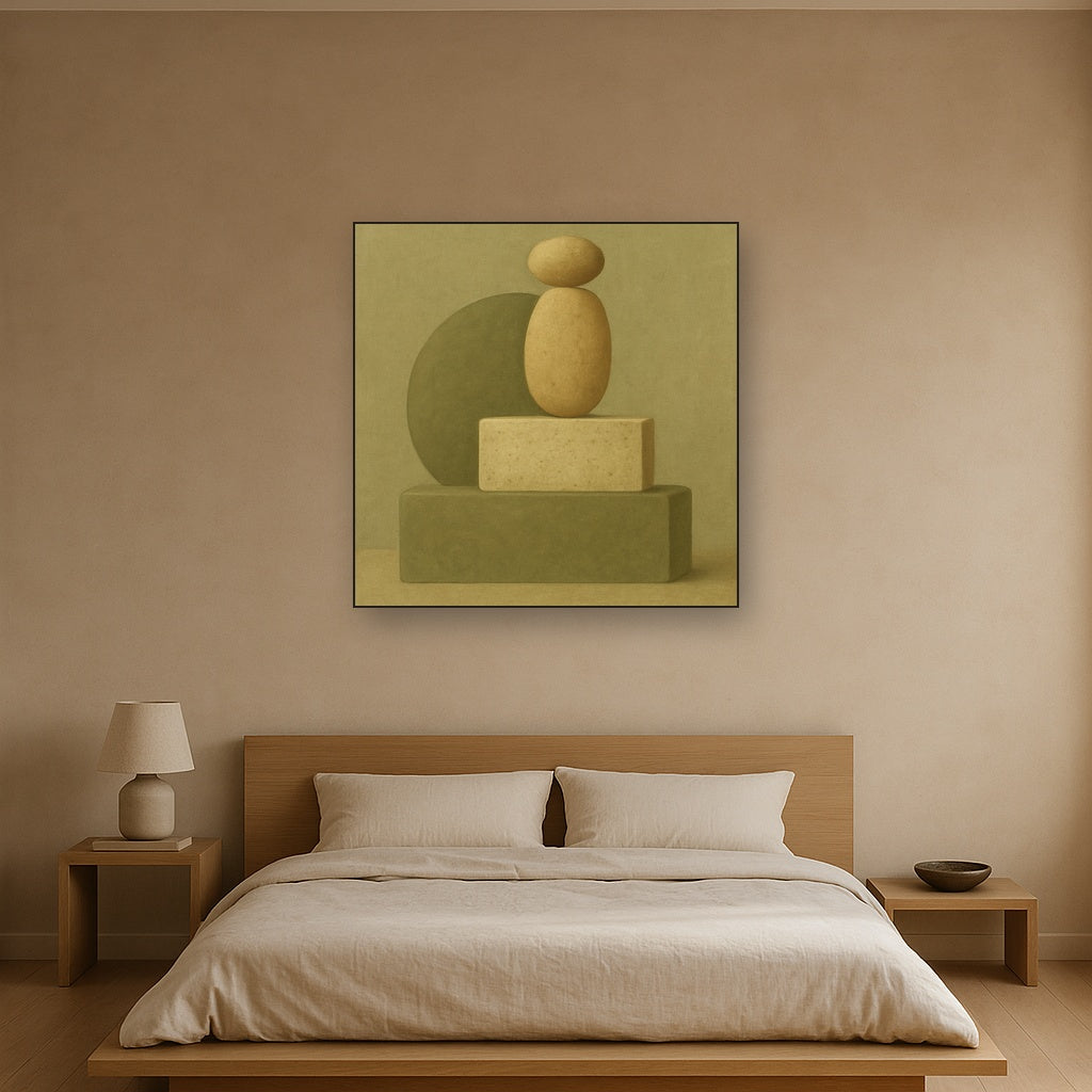 Muted Olive & Sandstone Geometric Balance No. 3 Oil Painting Staged Above Master Bed in Bedroom, Calming Neutral Hand Painted Oil Art