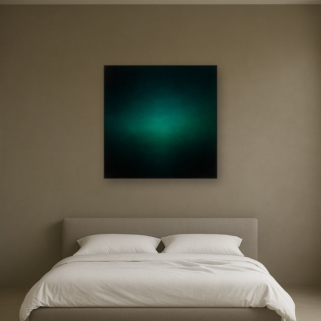 Midnight Teal & Deep Malachite Gradient No. 13 Oil Painting Staged Above Master Bed in Bedroom, Calming Neutral Hand Painted Oil Art