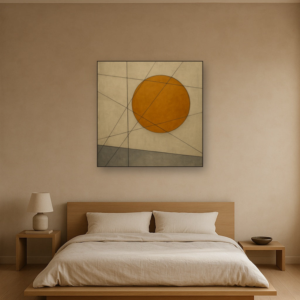 Abstract Tangent Lines & Earthy Ochre Disc No. 8 Oil Painting - View 3