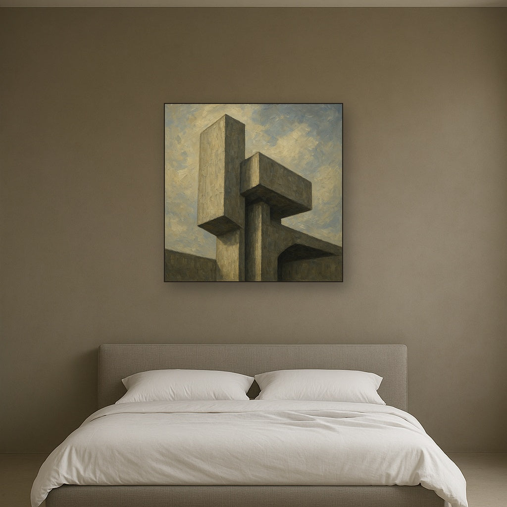 Brutalist Concrete Monolith & Sky No. 4 Oil Painting - Styled in Master Bedroom