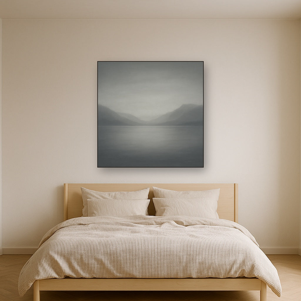 Misty Fjord Horizon in Monochromatic Slate No. 16 Oil Painting Staged Above Master Bed in Bedroom, Calming Neutral Hand Painted Oil Art