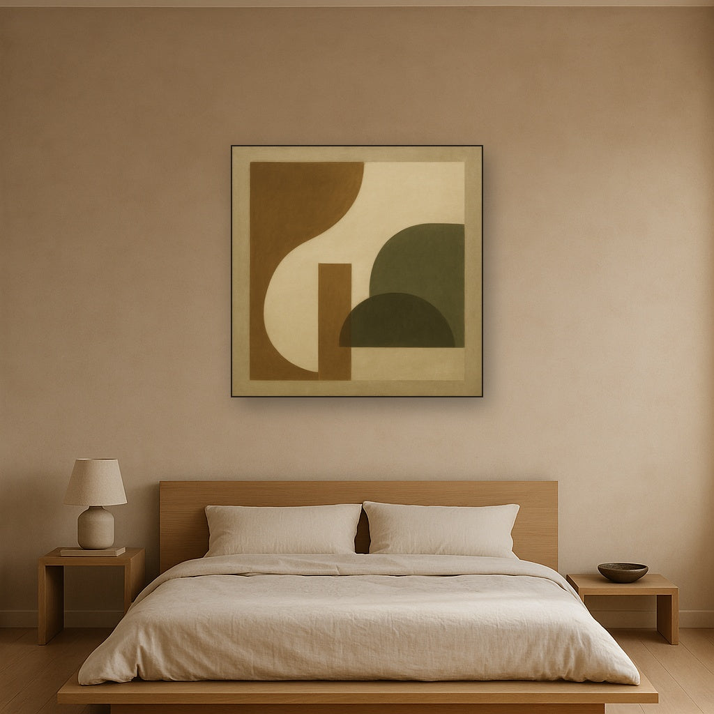 Minimalist Asymmetrical Balance in Raw Umber No. 3 Oil Painting Staged Above Master Bed in Bedroom, Calming Neutral Hand Painted Oil Art