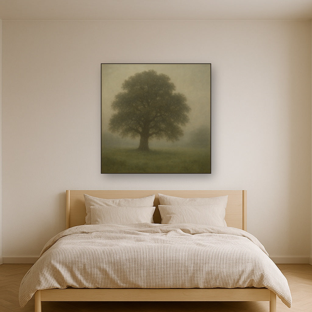 Ancient Solitary Oak in Morning Fog Oil Painting - View 3