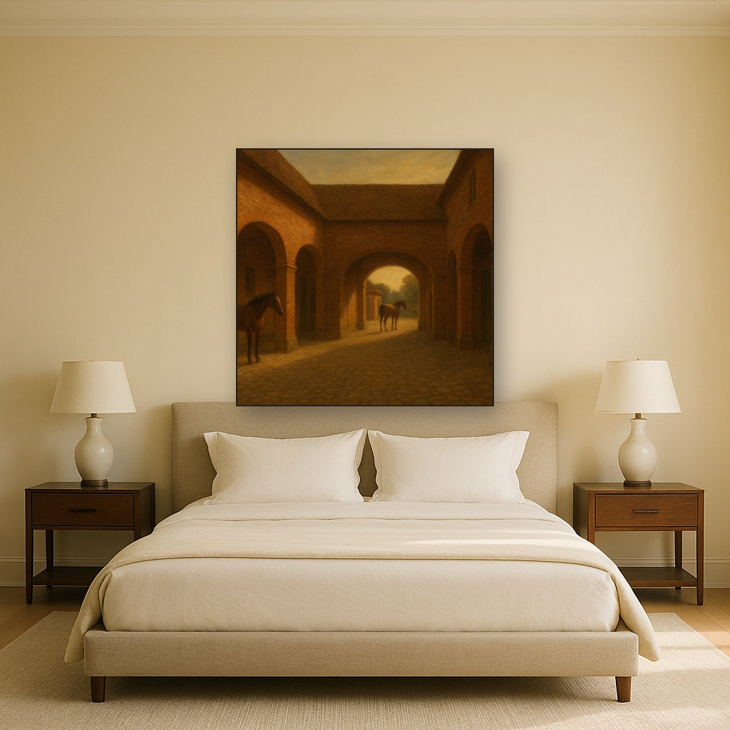 Equestrian Stable Courtyard in Late Afternoon No. 20 Oil Painting Staged Above Master Bed in Bedroom, Calming Neutral Hand Painted Oil Art