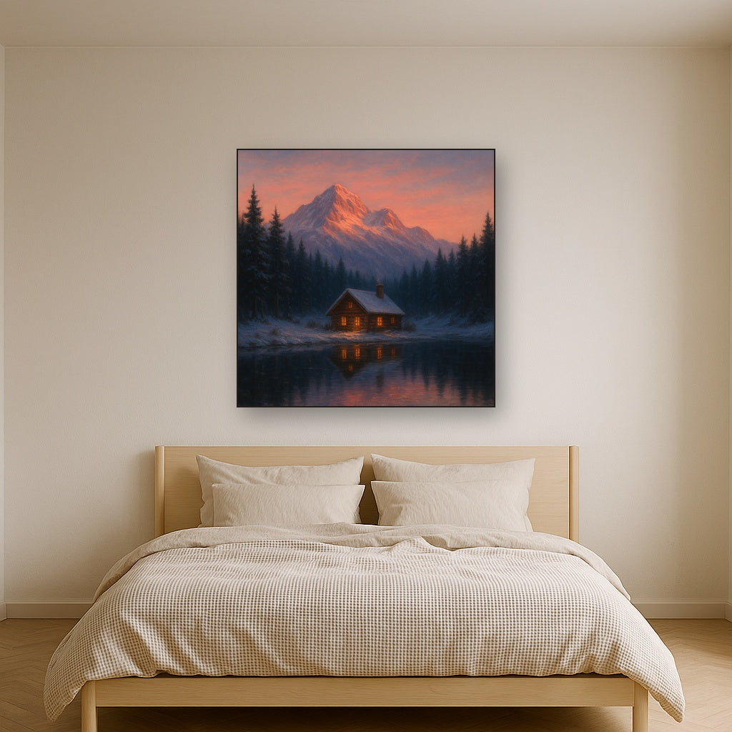 Winter Solstice Mountain Cabin Reflection No. 10 Oil Painting - View 3
