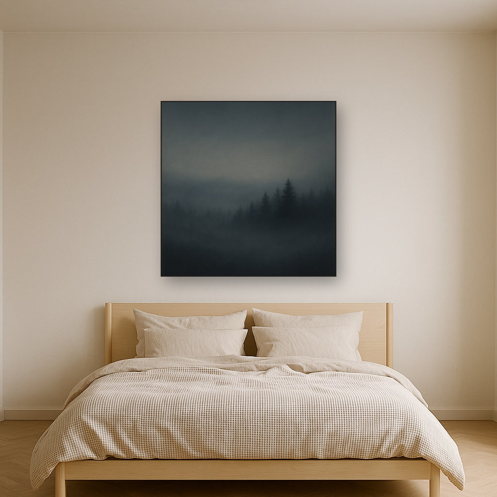 Dusk over Silent Pine Ridgeline in Charcoal Fog No. 19 Oil Painting Staged Above Master Bed in Bedroom, Calming Neutral Hand Painted Oil Art