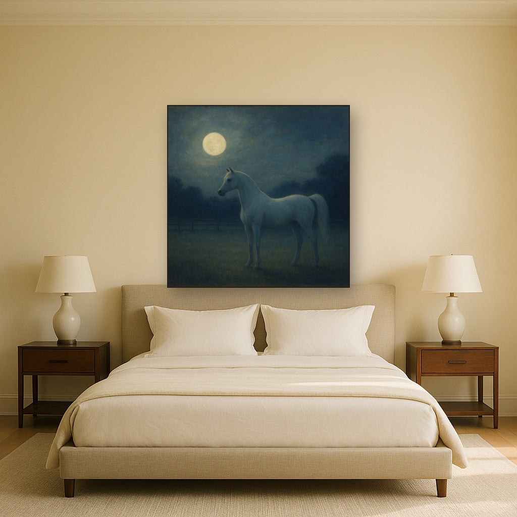 Moonlit Paddock with White Arabian Silhouette No. 16 Oil Painting - View 3