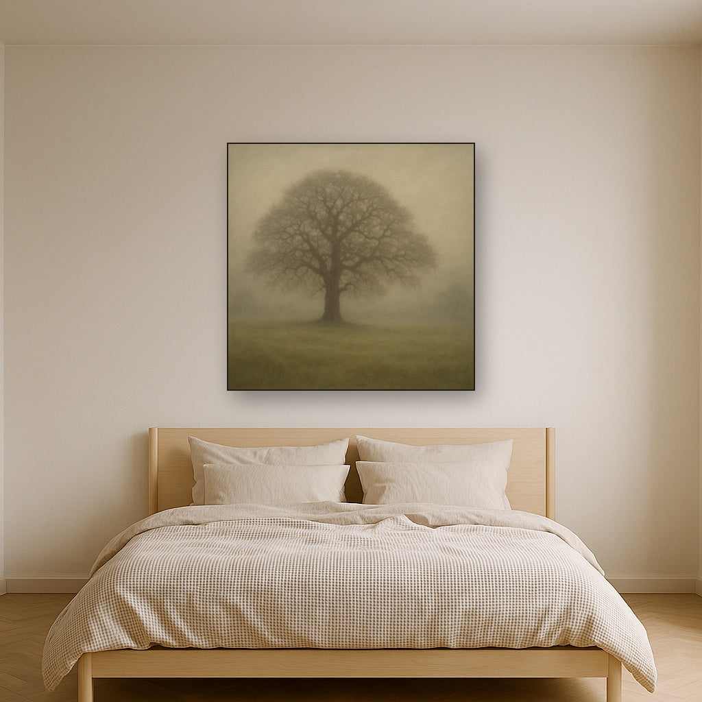 Ancient Solitary Oak in Morning Fog No. 7 Oil Painting - View 3