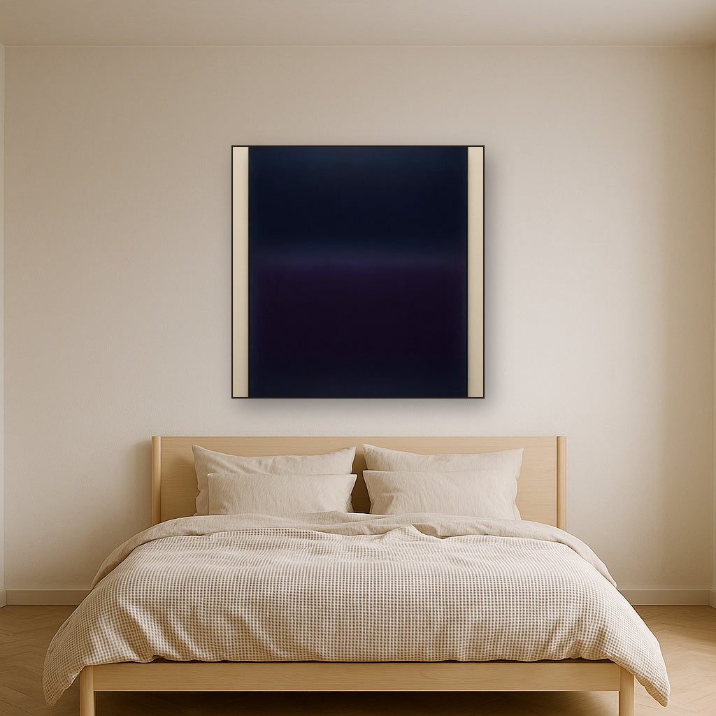 Deep Indigo & Midnight Plum Ambient Field No. 18 Oil Painting Staged Above Master Bed in Bedroom, Calming Neutral Hand Painted Oil Art