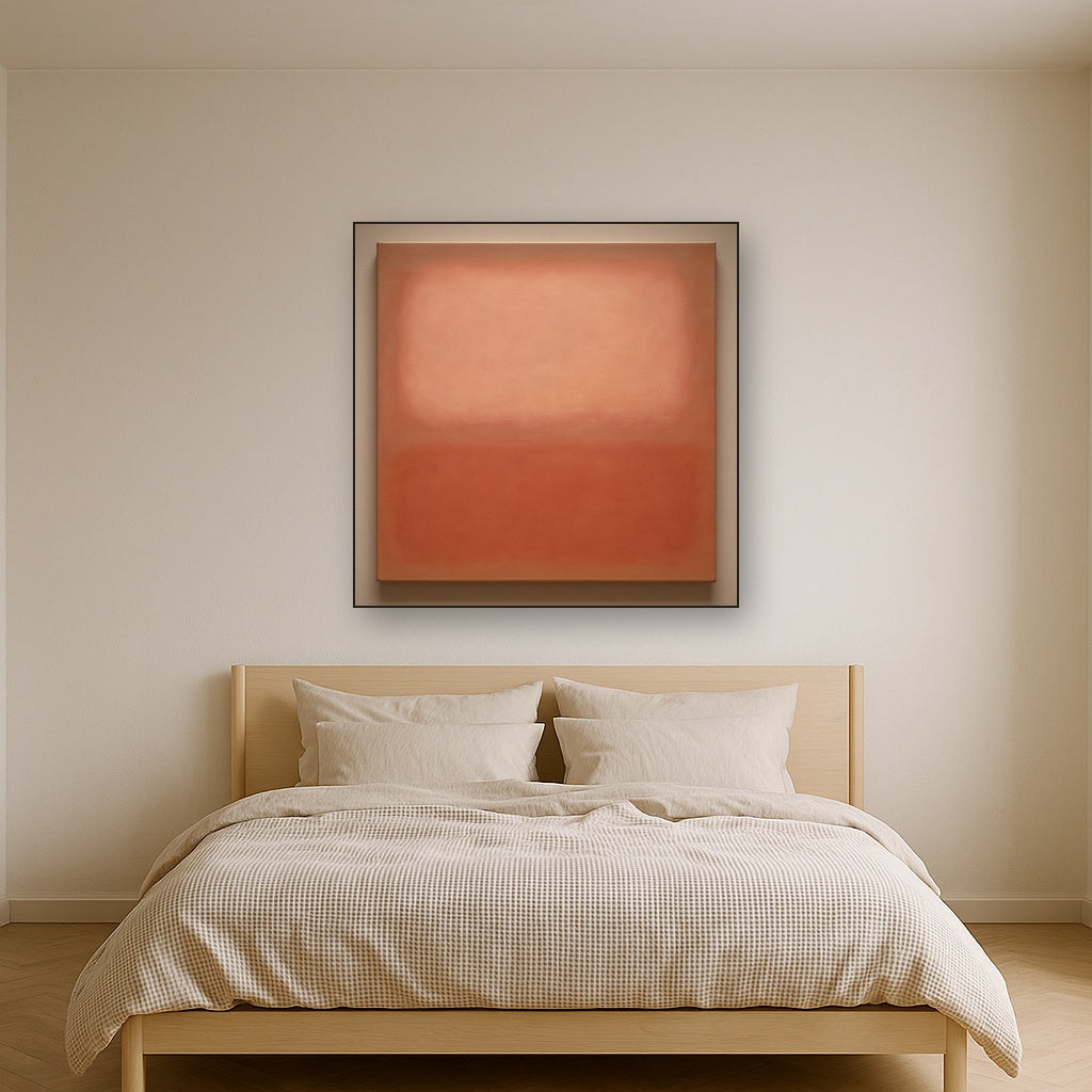 Blush Rose & Dusky Terracotta Ambient Glow No. 28 Oil Painting Staged Above Master Bed in Bedroom, Calming Neutral Hand Painted Oil Art