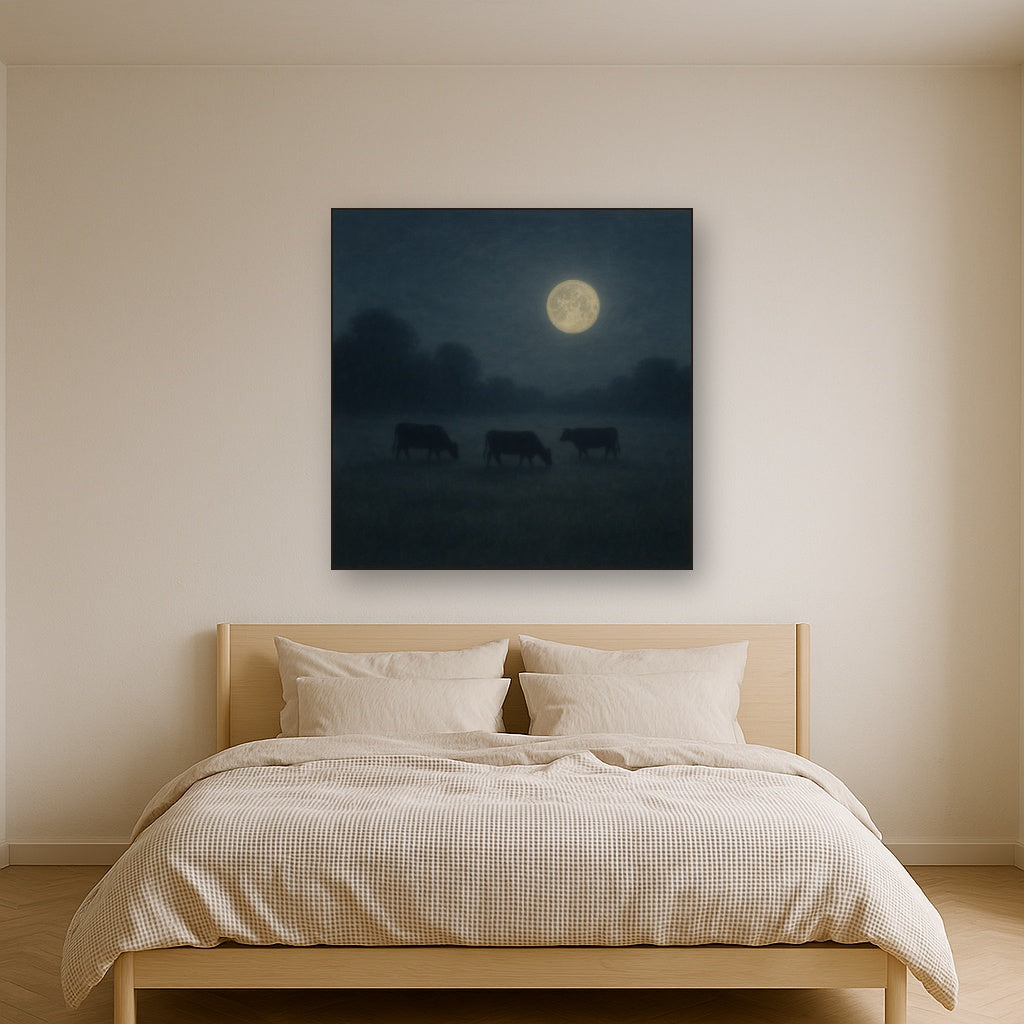 Moonlit Pastoral Meadow & Cattle Silhouettes No. 8 Oil Painting - View 3